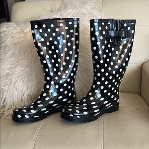 Twisted Black and White Polka Dot Rubber Boots
